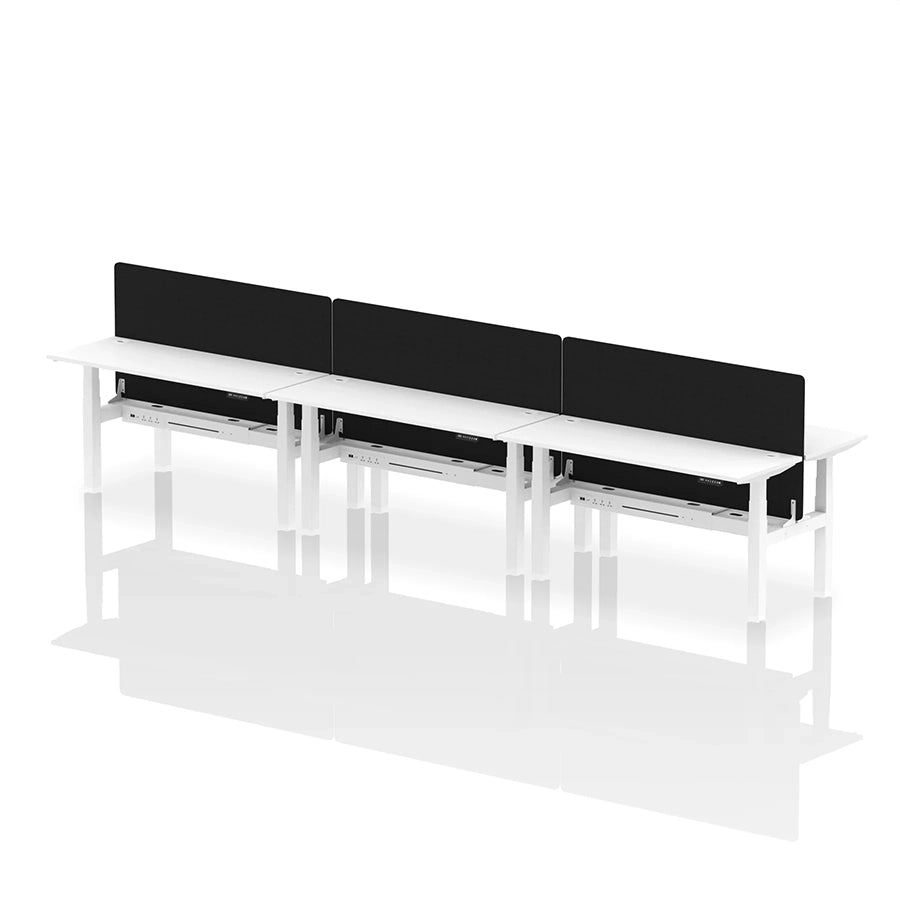 Air Back-to-Back Height Adjustable Bench Desk - 6 Person with cable ports and black straight screen W1600mm white top with white frame 