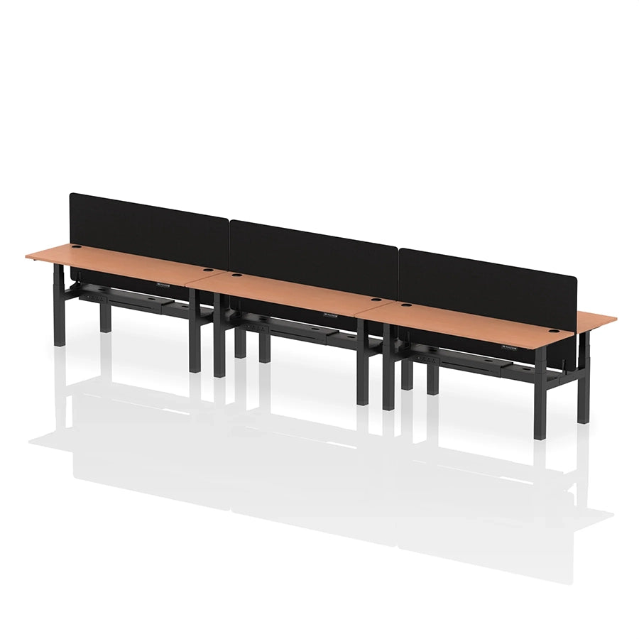 Air Back-to-Back Height Adjustable Bench Desk - 6 Person with cable ports and black straight screen W1800mm beech top with black frame 
