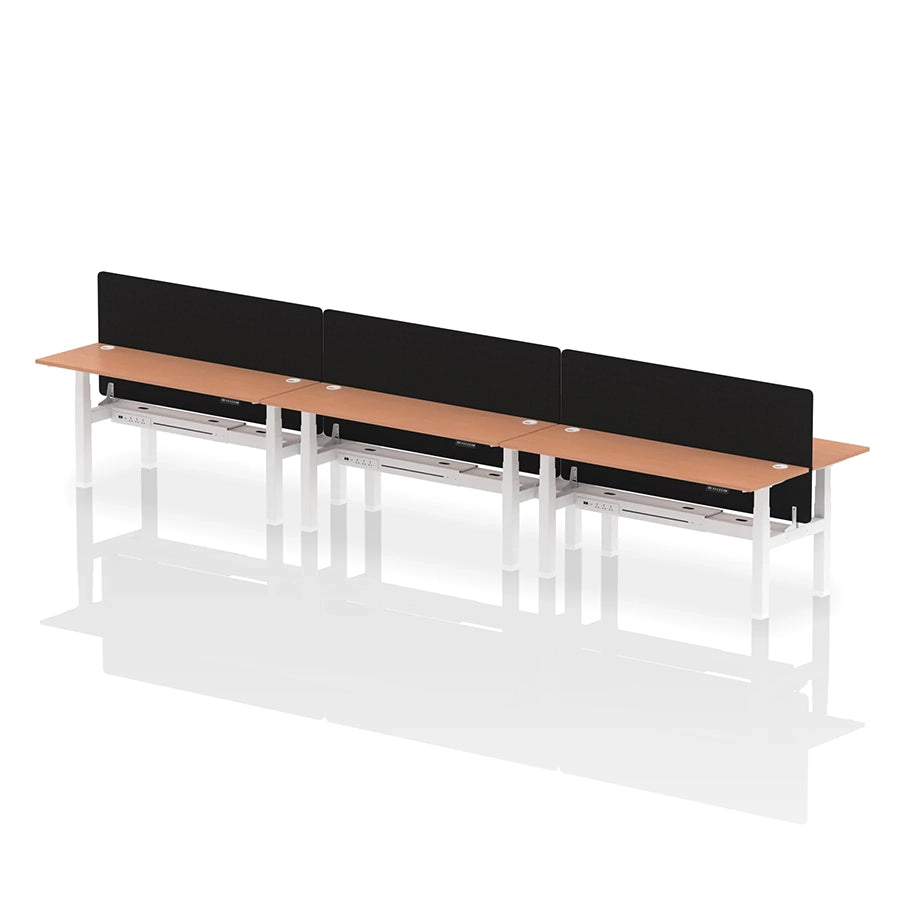 Air Back-to-Back Height Adjustable Bench Desk - 6 Person with cable ports and black straight screen W1800mm beech top with white frame