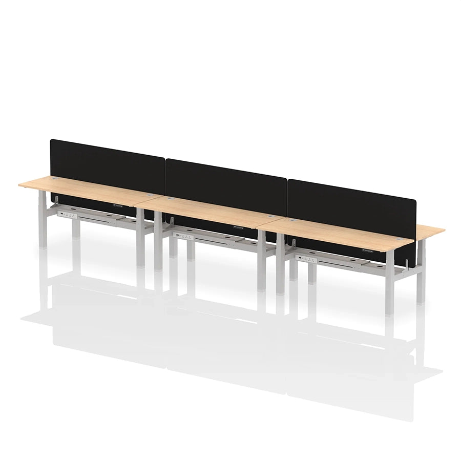 Air Back-to-Back Height Adjustable Bench Desk - 6 Person with cable ports and black straight screen W1800mm maple top with silver frame