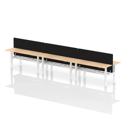 Air Back-to-Back Height Adjustable Bench Desk - 6 Person with cable ports and black straight screen W1800mm maple top with white frame