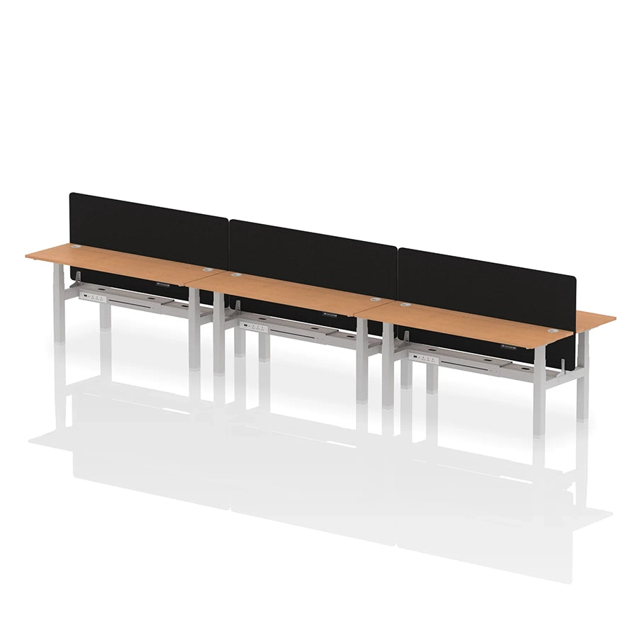 Air Back-to-Back Height Adjustable Bench Desk - 6 Person with cable ports and black straight screen W1800mm oak top with silver frame