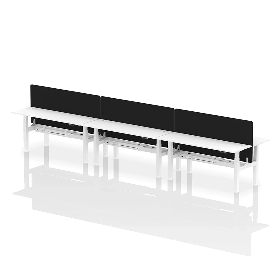 Air Back-to-Back Height Adjustable Bench Desk - 6 Person with cable ports and black straight screen W1800mm white top with white frame 