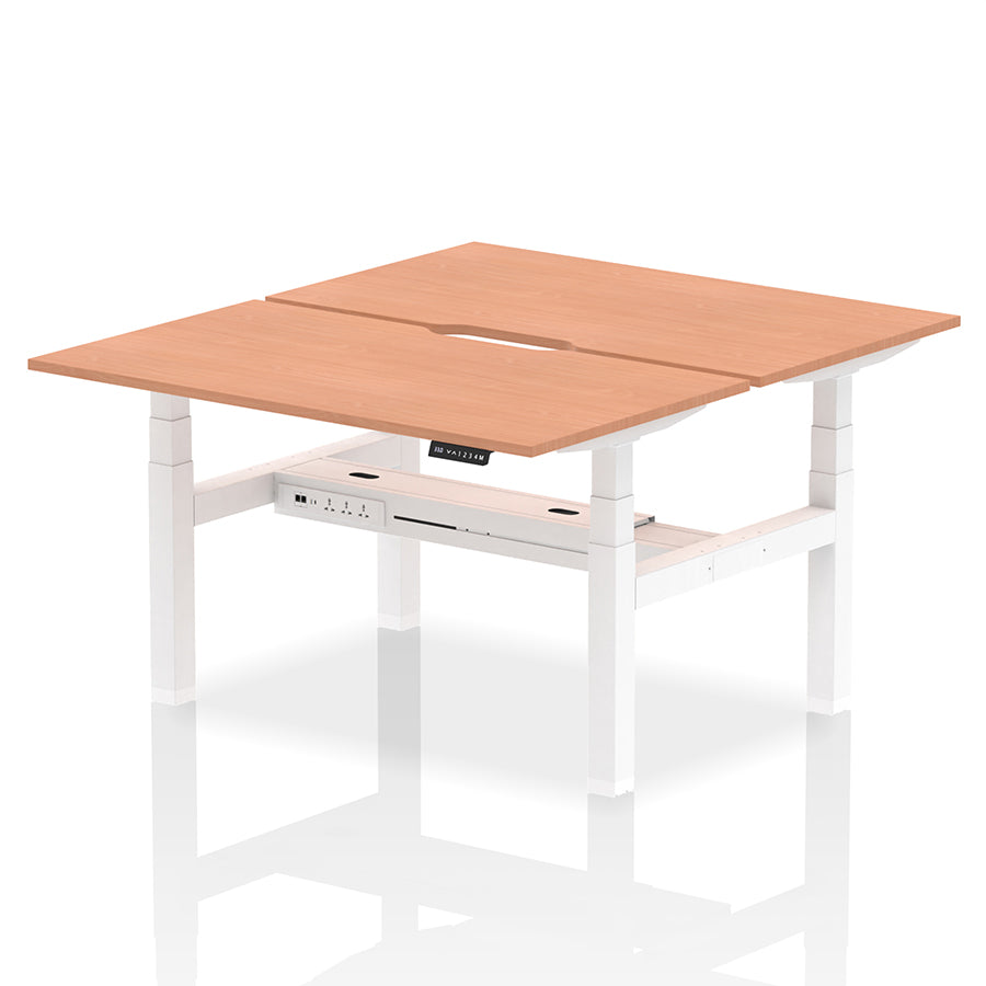 Air Back-to-Back Scalloped Edge Height Adjustable Bench Desk - 2 Person W1400mm Beech Top with White Frame