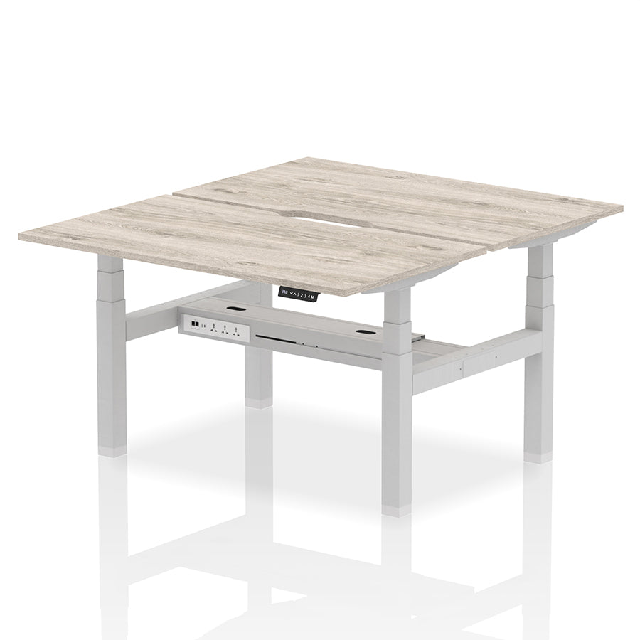 Air Back-to-Back Scalloped Edge Height Adjustable Bench Desk - 2 Person W1400mm Grey Oak Top with Silver Frame