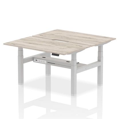 Air Back-to-Back Scalloped Edge Height Adjustable Bench Desk - 2 Person W1400mm Grey Oak Top with Silver Frame