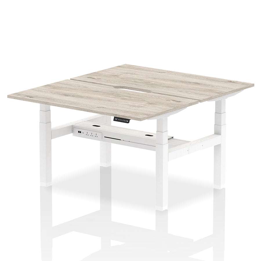 Air Back-to-Back Scalloped Edge Height Adjustable Bench Desk - 2 Person W1400mm Grey Oak Top with White Frame