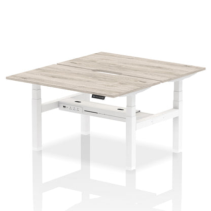 Air Back-to-Back Scalloped Edge Height Adjustable Bench Desk - 2 Person W1400mm Grey Oak Top with White Frame
