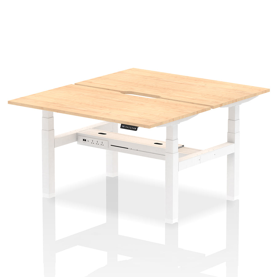 Air Back-to-Back Scalloped Edge Height Adjustable Bench Desk - 2 Person W1400mm Maple Top with White Frame