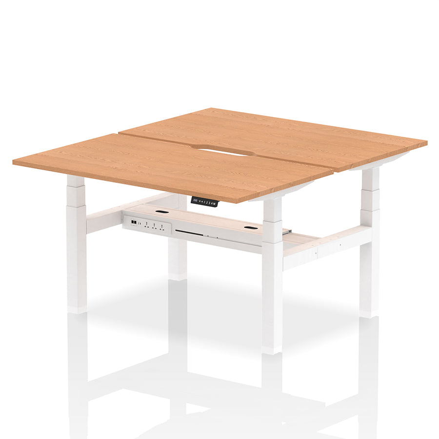 Air Back-to-Back Scalloped Edge Height Adjustable Bench Desk - 2 Person W1400mm Oak Top with White Frame