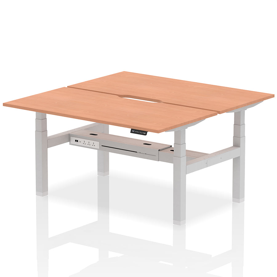 Air Back-to-Back Scalloped Edge Height Adjustable Bench Desk - 2 Person W1600mm Beech Top with Silver Frame