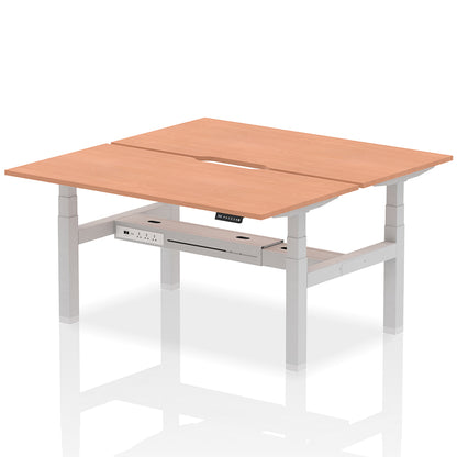Air Back-to-Back Scalloped Edge Height Adjustable Bench Desk - 2 Person W1600mm Beech Top with Silver Frame