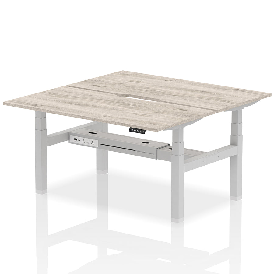 Air Back-to-Back Scalloped Edge Height Adjustable Bench Desk - 2 Person W1600mm Grey Oak Top with Silver Frame