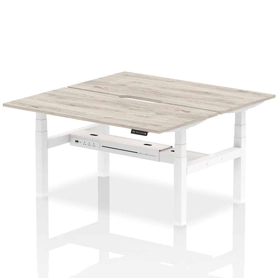 Air Back-to-Back Scalloped Edge Height Adjustable Bench Desk - 2 Person W1600mm Grey Oak Top with White Frame