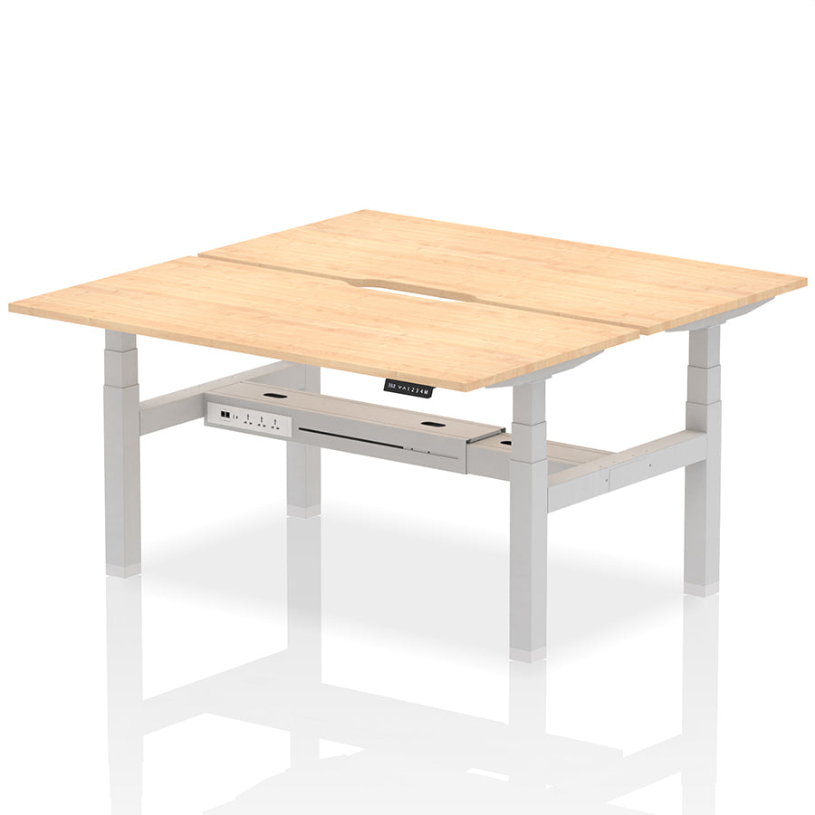 Air Back-to-Back Scalloped Edge Height Adjustable Bench Desk - 2 Person W1600mm Maple Top with Silver Frame