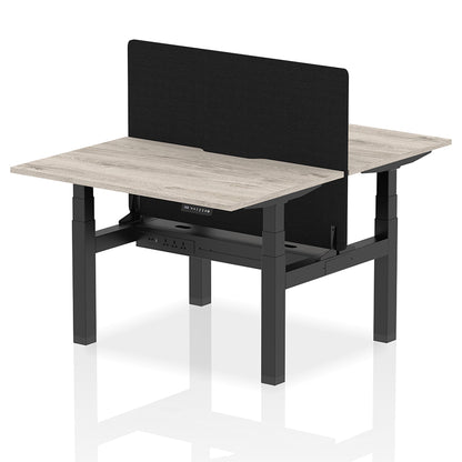 Air Back-to-Back Scalloped Edge Height Adjustable Bench Desk - 2 Person with Black Straight Screen W1200mm Grey Oak Top with Black Frame