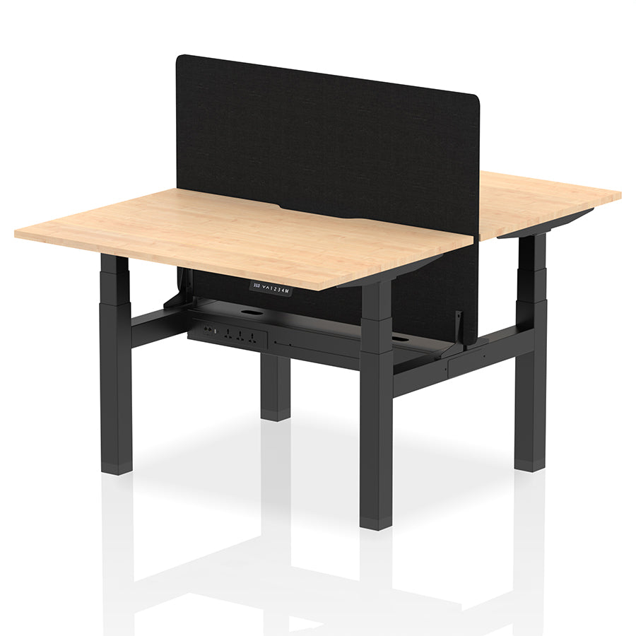 Air Back-to-Back Scalloped Edge Height Adjustable Bench Desk - 2 Person with Black Straight Screen W1200mm Maple Top with Black Frame