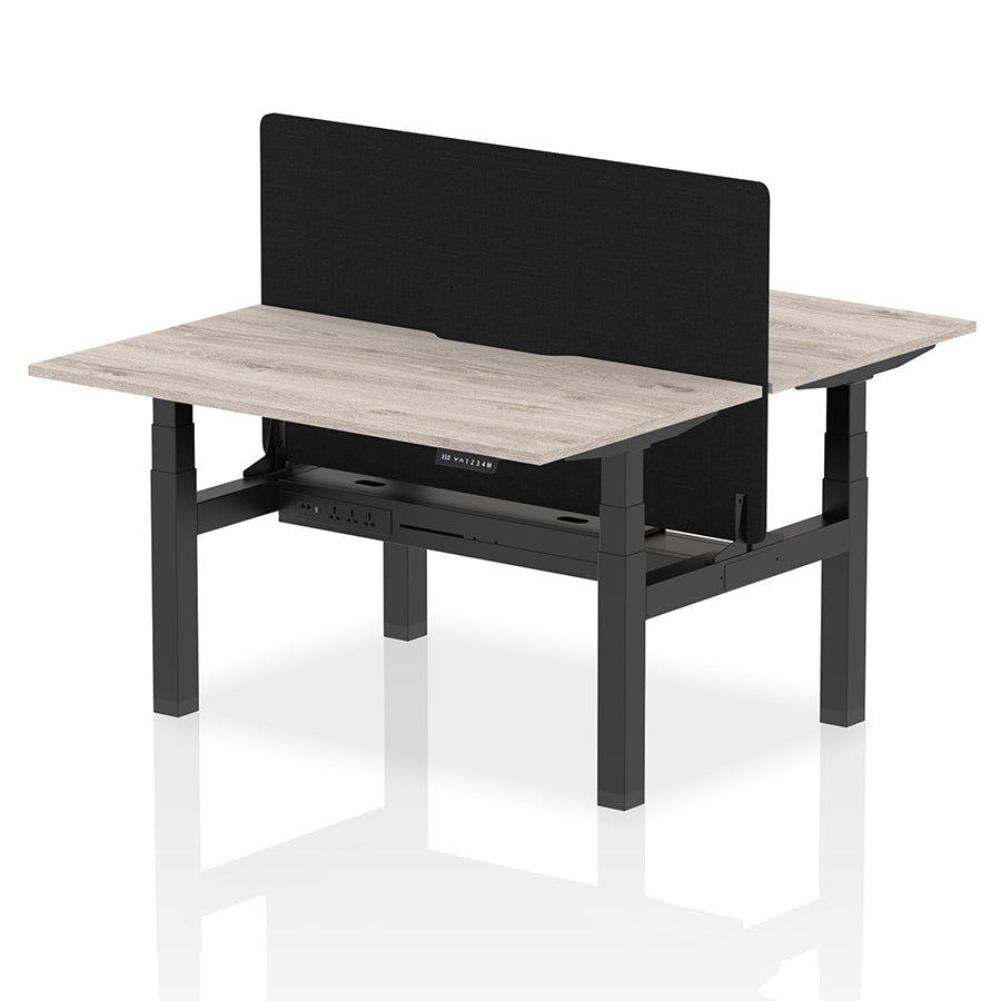 Air Back-to-Back Scalloped Edge Height Adjustable Bench Desk - 2 Person with Black Straight Screen W1400mm Grey Oak Top with Black Frame