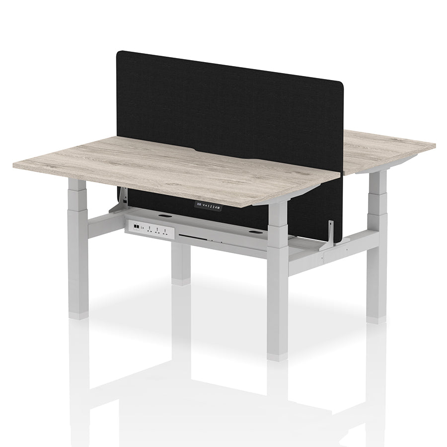 Air Back-to-Back Scalloped Edge Height Adjustable Bench Desk - 2 Person with Black Straight Screen W1400mm Grey Oak Top with Silver Frame