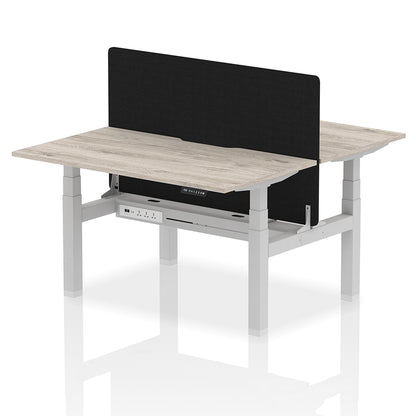 Air Back-to-Back Scalloped Edge Height Adjustable Bench Desk - 2 Person with Black Straight Screen W1400mm Grey Oak Top with Silver Frame