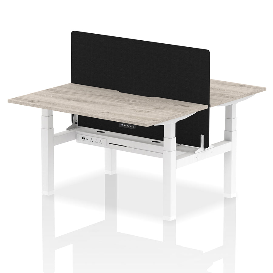Air Back-to-Back Scalloped Edge Height Adjustable Bench Desk - 2 Person with Black Straight Screen W1400mm Grey Oak Top with White Frame