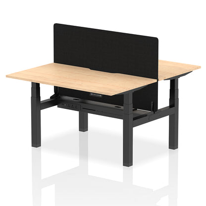 Air Back-to-Back Scalloped Edge Height Adjustable Bench Desk - 2 Person with Black Straight Screen W1400mm Maple Top with Black Frame