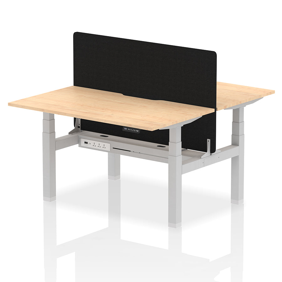 Air Back-to-Back Scalloped Edge Height Adjustable Bench Desk - 2 Person with Black Straight Screen W1400mm Maple Top with Silver Frame