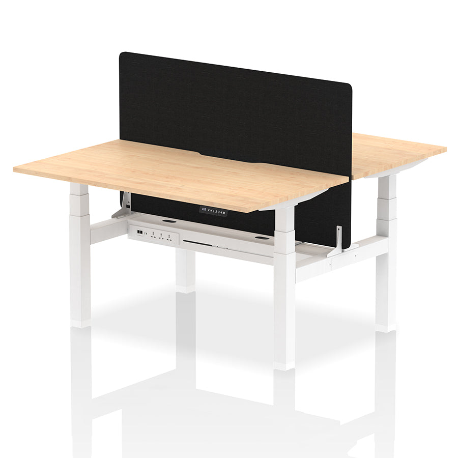 Air Back-to-Back Scalloped Edge Height Adjustable Bench Desk - 2 Person with Black Straight Screen W1400mm Maple Top with White Frame