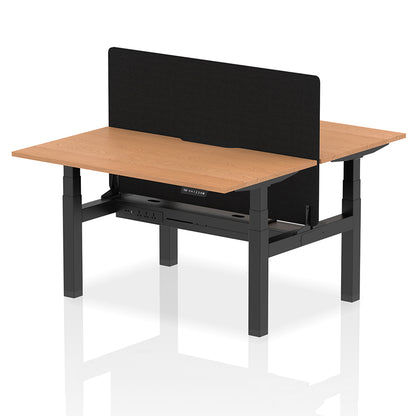 Air Back-to-Back Scalloped Edge Height Adjustable Bench Desk - 2 Person with Black Straight Screen W1400mm Oak Top with Black Frame