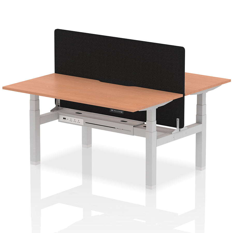 Air Back-to-Back Scalloped Edge Height Adjustable Bench Desk - 2 Person with Black Straight Screen W1600mm Beech Top with Silver Frame
