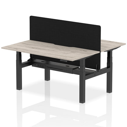 Air Back-to-Back Scalloped Edge Height Adjustable Bench Desk - 2 Person with Black Straight Screen W1600mm Grey Oak Top with Black Frame