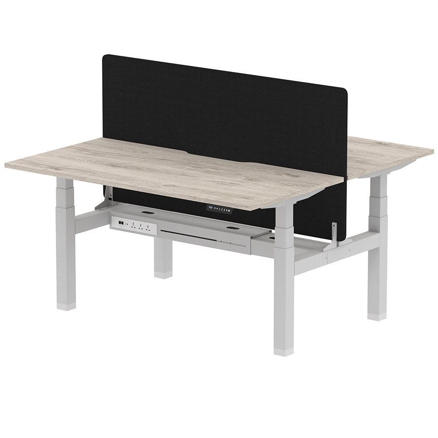 Air Back-to-Back Scalloped Edge Height Adjustable Bench Desk - 2 Person with Black Straight Screen W1600mm Grey Oak Top with Silver Frame