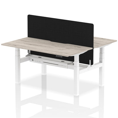 Air Back-to-Back Scalloped Edge Height Adjustable Bench Desk - 2 Person with Black Straight Screen W1600mm Grey Oak Top with White Frame
