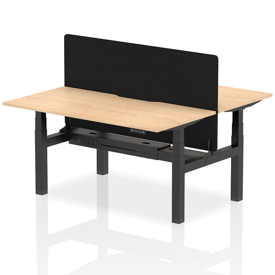 Air Back-to-Back Scalloped Edge Height Adjustable Bench Desk - 2 Person with Black Straight Screen W1600mm Maple Top with Black Frame