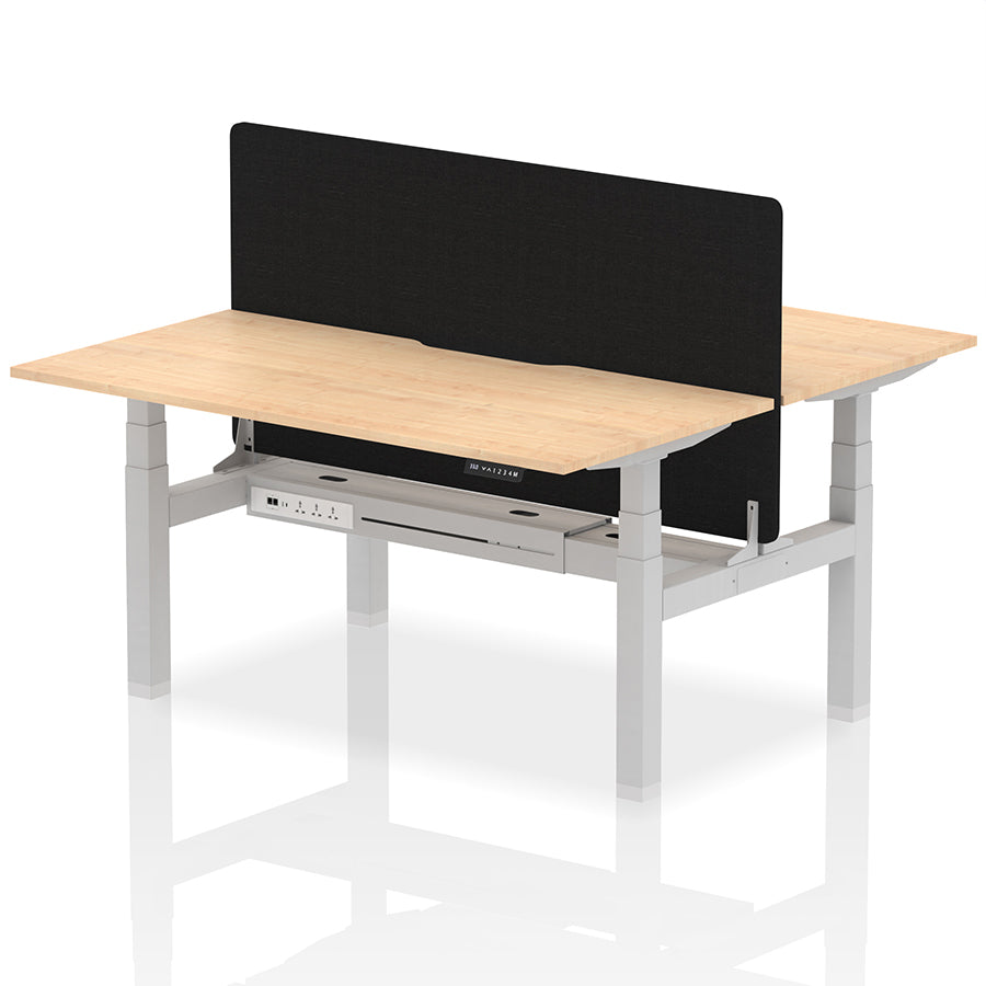 Air Back-to-Back Scalloped Edge Height Adjustable Bench Desk - 2 Person with Black Straight Screen W1600mm Maple Top with Silver Frame