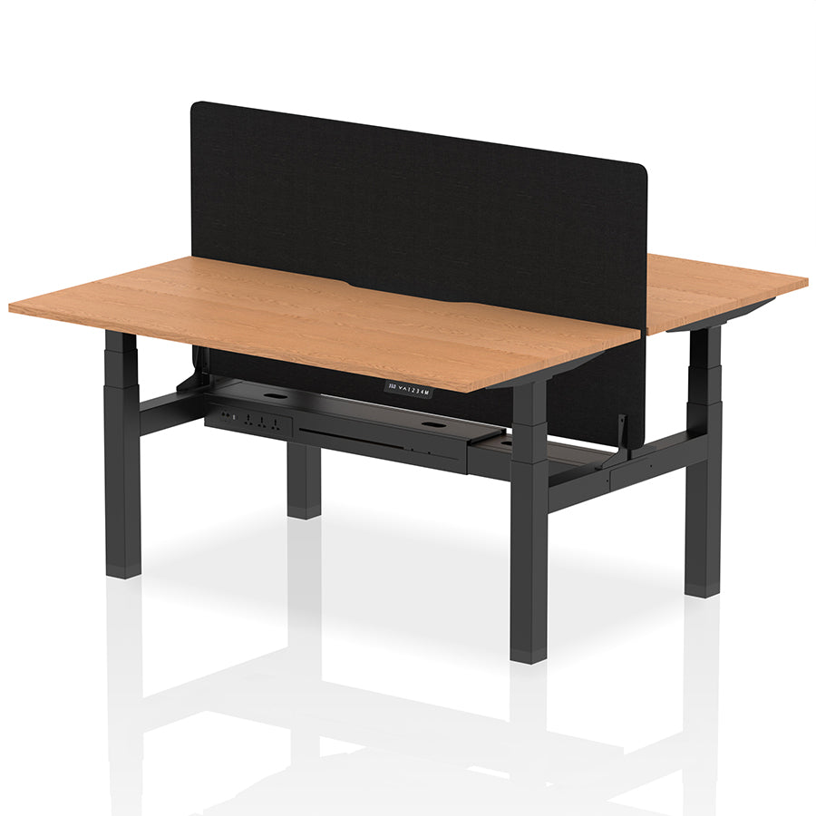 Air Back-to-Back Scalloped Edge Height Adjustable Bench Desk - 2 Person with Black Straight Screen W1600mm Oak Top with Black Frame