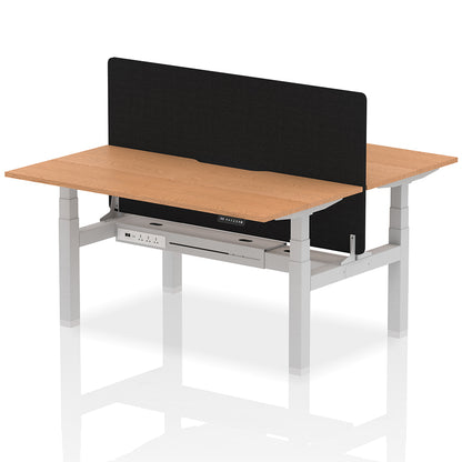 Air Back-to-Back Scalloped Edge Height Adjustable Bench Desk - 2 Person with Black Straight Screen W1600mm Oak Top with Silver Frame