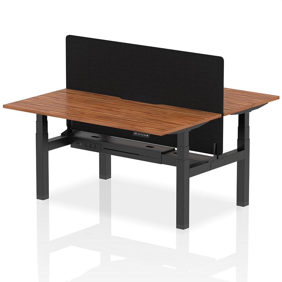Air Back-to-Back Scalloped Edge Height Adjustable Bench Desk - 2 Person with Black Straight Screen W1600mm Walnut Top with Black Frame