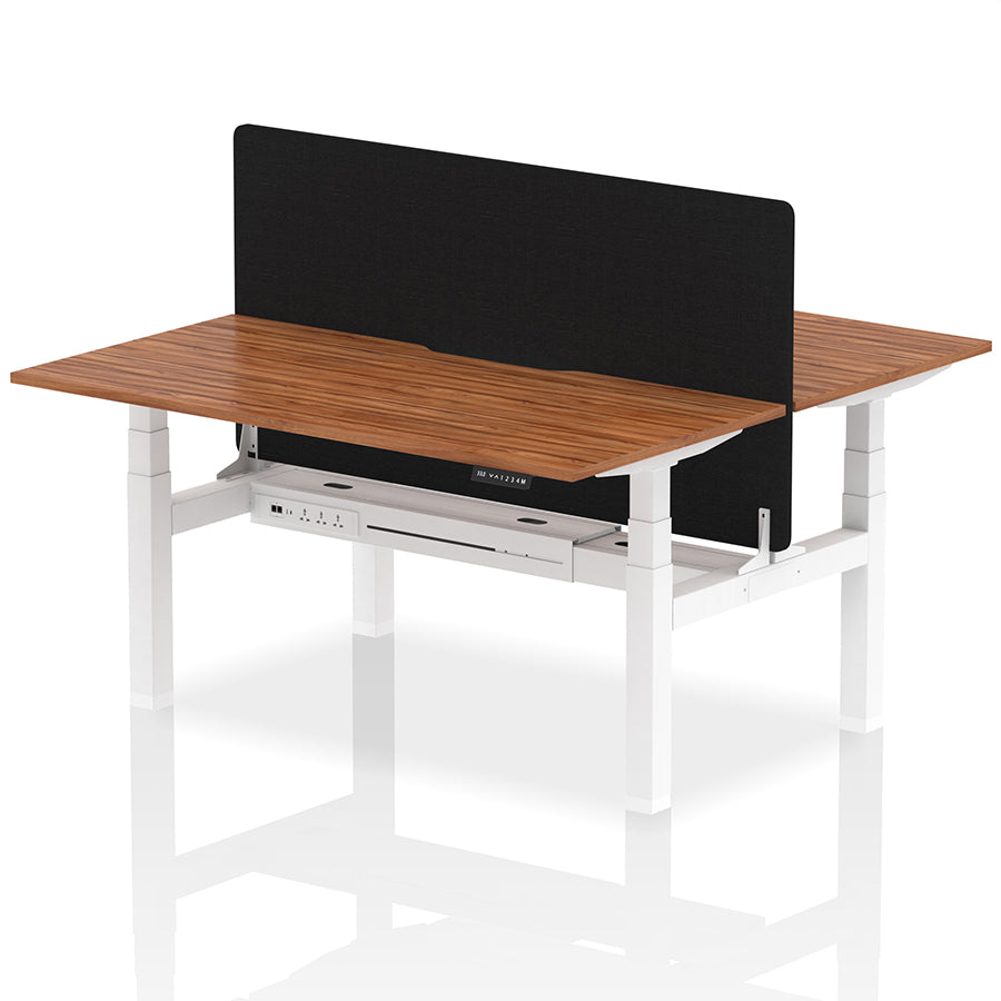 Air Back-to-Back Scalloped Edge Height Adjustable Bench Desk - 2 Person with Black Straight Screen W1600mm Walnut Top with White Frame