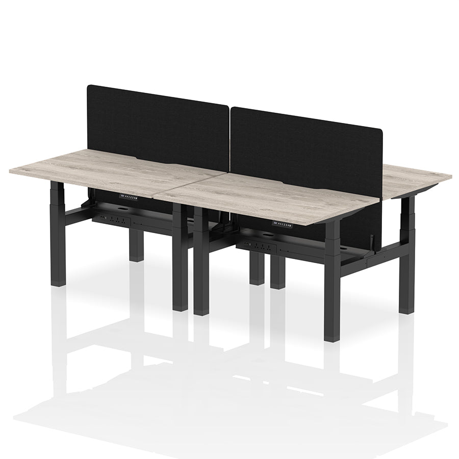 Air Back-to-Back Scalloped Edge Height Adjustable Bench Desk - 4 Person with Black Straight Screen W1200 grey oak top with black frame