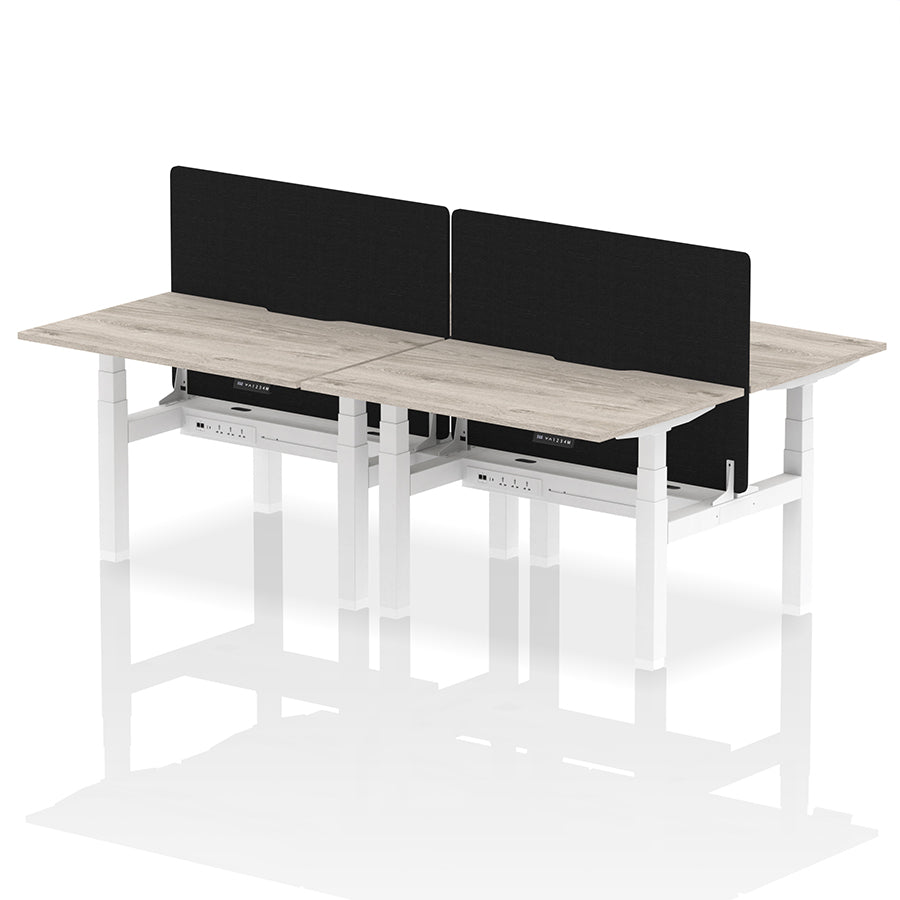 Air Back-to-Back Scalloped Edge Height Adjustable Bench Desk - 4 Person with Black Straight Screen W1200 grey oak top with white frame