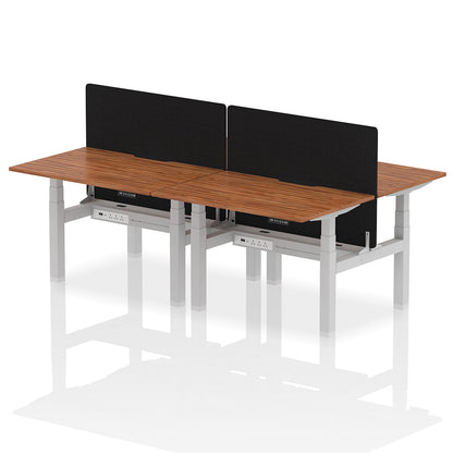 Air Back-to-Back Scalloped Edge Height Adjustable Bench Desk - 4 Person with Black Straight Screen W1200 walnut top with silver frame