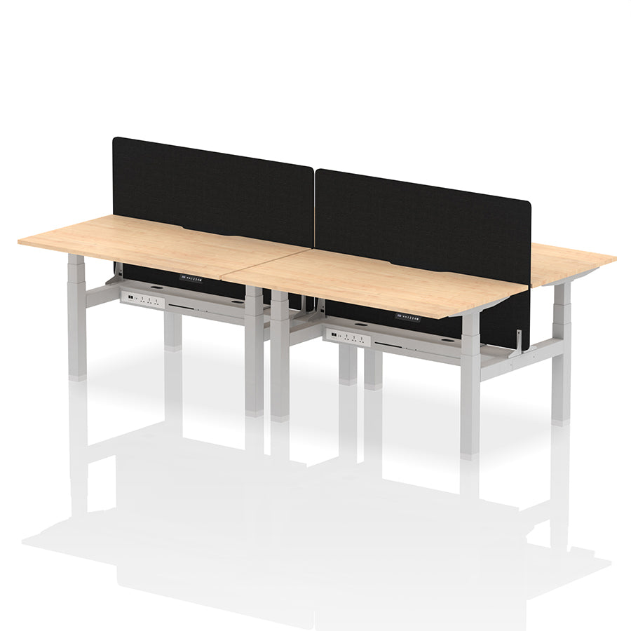 Air Back-to-Back Scalloped Edge Height Adjustable Bench Desk - 4 Person with Black Straight Screen W1400 maple top with silver frame