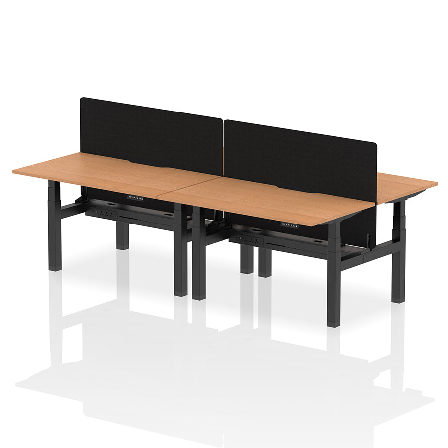 Air Back-to-Back Scalloped Edge Height Adjustable Bench Desk - 4 Person with Black Straight Screen W1400 oak top with black frame