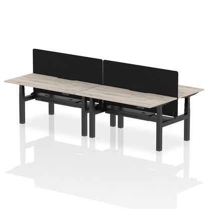 Air Back-to-Back Scalloped Edge Height Adjustable Bench Desk - 4 Person with Black Straight Screen W1600 grey oak top with black frame