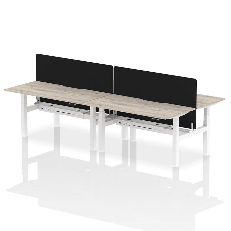 Air Back-to-Back Scalloped Edge Height Adjustable Bench Desk - 4 Person with Black Straight Screen W1600 grey oak top with white frame