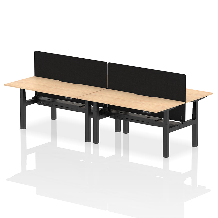 Air Back-to-Back Scalloped Edge Height Adjustable Bench Desk - 4 Person with Black Straight Screen W1600 maple top with black frame