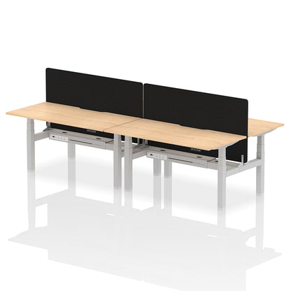 Air Back-to-Back Scalloped Edge Height Adjustable Bench Desk - 4 Person with Black Straight Screen W1600 maple top with silver frame