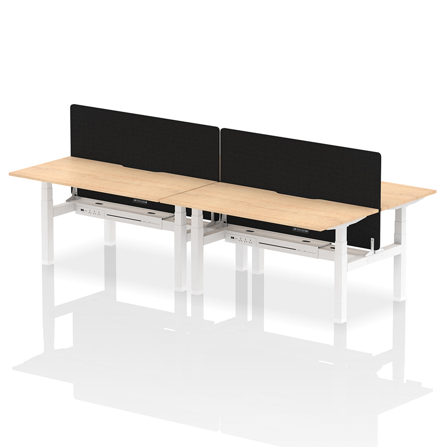 Air Back-to-Back Scalloped Edge Height Adjustable Bench Desk - 4 Person with Black Straight Screen W1600 maple top with white frame