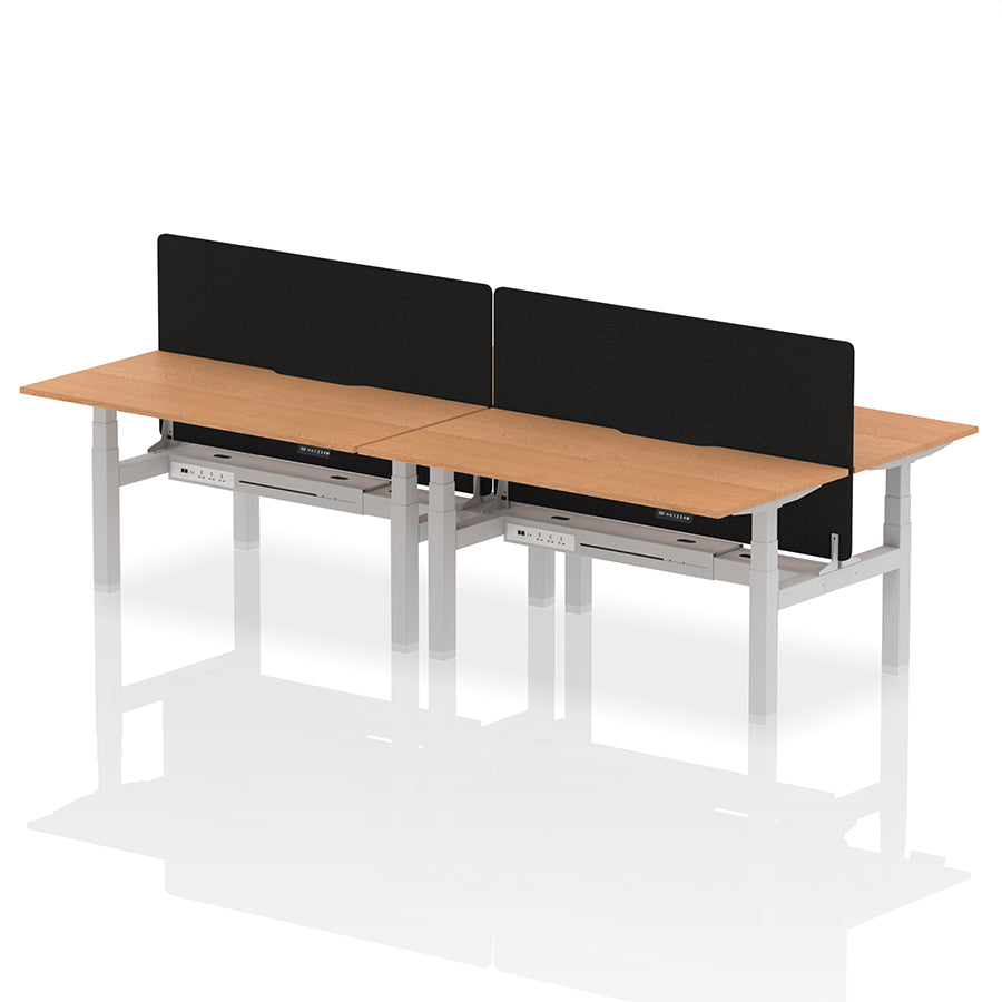 Air Back-to-Back Scalloped Edge Height Adjustable Bench Desk - 4 Person with Black Straight Screen W1600 oak top with silver frame